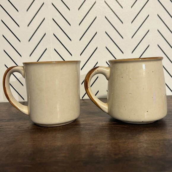 Vintage 2 NORLEANS Stoneware Speckled Mugs Hand Painted Yellow Flower Lemon 70's - Picture 3 of 8